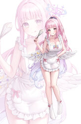 Rule 34 | 1girl, angel wings, apron, blue archive, blush, breasts, cleavage, closed mouth, crescent, crescent pin, feathered wings, frilled apron, frills, full body, halo, highres, holding, holding whisk, large breasts, long hair, looking at viewer, miho (mymiho), mika (blue archive), naked apron, pink hair, pink halo, ponytail, simple background, smile, socks, solo, tongue, tongue out, whisk, white apron, white background, white socks, white wings, wings, yellow eyes, zoom layer