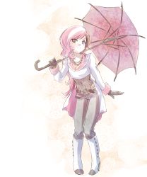 Rule 34 | 1girl, belt, boots, breasts, brown eyes, brown hair, cleavage, full body, gloves, heterochromia, high heel boots, high heels, highres, iesupa, jewelry, multicolored hair, navel, necklace, neo politan, pink eyes, pink hair, rwby, small breasts, solo, split-color hair, umbrella, white hair