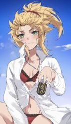 Rule 34 | 1girl, bikini, blonde hair, blouse, blush, breasts, can, cleavage, collarbone, collared shirt, dress shirt, fang, fate/grand order, fate (series), green eyes, hair ornament, hair scrunchie, highres, holding, holding can, jewelry, long hair, long sleeves, looking at viewer, mordred (fate), mordred (fate) (all), mordred (fate/apocrypha), mordred (swimsuit rider) (fate), mordred (swimsuit rider) (first ascension) (fate), navel, necklace, ponytail, red bikini, red scrunchie, scrunchie, shirt, sketch, small breasts, smile, solo, swimsuit, tonee, white shirt