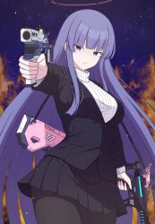 Rule 34 | 1girl, absurdres, aged up, aiming, aiming at viewer, alternate hair length, alternate hairstyle, alternate universe, blue archive, blue eyes, broken halo, cosplay, dark persona, dual wielding, gun, halo, handgun, highres, holding, long hair, m60, machine gun, magaasha, purple hair, rio (blue archive), rio (blue archive) (cosplay), sig mpx, sig sauer p320, solo, submachine gun, trigger discipline, weapon, yuuka (blue archive)