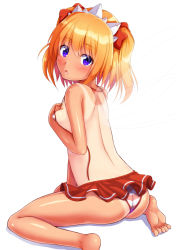 Rule 34 | 1girl, :o, ass, bare back, barefoot, bikini, blush, bow, breasts, ebi 193, fairy wings, hair bow, hairband, looking at viewer, looking back, one-piece tan, orange hair, purple eyes, short hair, simple background, sitting, small breasts, soles, solo, striped bikini, striped clothes, sunny milk, swimsuit, tan, tanline, touhou, twintails, wariza, white background, wings