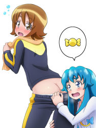 Rule 34 | 10s, 2girls, aqua hair, ass, assisted exposure, blue eyes, blush, brown eyes, brown hair, butt crack, candy, clothes pull, embarrassed, food, happinesscharge precure!, long hair, looking back, mameshiba (pixiv 59310), multiple girls, oomori yuuko, open mouth, panties, pants, pants pull, pantsing, precure, pulling another&#039;s clothes, shirayuki hime, short hair, simple background, towel, track suit, underwear, white panties