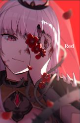 Rule 34 | 1girl, absurdres, bad id, bad twitter id, black cape, blood, blood on face, blood on hands, cape, english text, eyebrows hidden by hair, hand over eye, highres, hololive, hololive english, itagaku, light smile, looking to the side, mori calliope, pink hair, plant, red background, red theme, smile, solo, spikes, tiara, upper body, veil, vines, virtual youtuber