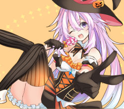 Rule 34 | 1girl, ;d, adult neptune, bare shoulders, black gloves, black thighhighs, blush, bow, bowtie, breasts, candy, cleavage, detached collar, dress, food, frilled dress, frills, gloves, halloween, hands up, hat, head tilt, highres, holding, holding candy, holding food, holding lollipop, knees together feet apart, legs up, lollipop, long hair, looking at viewer, lying, medium breasts, moya 44444, neptune (series), on back, one eye closed, open mouth, pumpkin hat ornament, purple eyes, purple hair, sleeveless, sleeveless dress, smile, solo, striped bow, striped bowtie, striped clothes, striped thighhighs, teeth, thighhighs, thighs, upper teeth only, v, vertical-striped clothes, vertical-striped thighhighs, very long hair, witch, witch hat
