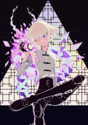 Rule 34 | 1boy, androgynous, black pants, chinese clothes, crossed legs, dragon, earrings, gem, green hair, head tilt, highres, jewelry, knee pads, lio fotia, looking at viewer, male focus, one eye closed, pants, promare, purple eyes, shirt, short hair, sidelocks, single earring, sitting, solo, somu ki, thick eyelashes, white shirt