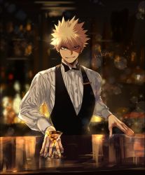 Rule 34 | 1boy, bakugou katsuki, bar (place), bartender, black necktie, blonde hair, blurry, boku no hero academia, bottle, bow, bowtie, cocktail glass, cup, depth of field, drinking glass, holding, holding cup, lens flare, light brown hair, looking at viewer, male focus, mkm (mkm storage), necktie, red eyes, signature, solo, sparkle, spiked hair, teeth