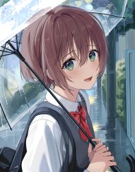 Rule 34 | 1girl, :d, akamoku, bag, blush, bow, bowtie, brown hair, collared shirt, commentary request, day, from side, green eyes, highres, holding, holding umbrella, long hair, long sleeves, looking to the side, open mouth, original, outdoors, rain, red bow, red bowtie, school bag, school uniform, shirt, short hair, sidewalk, smile, solo, sweater vest, transparent, transparent umbrella, twitter username, umbrella, upper body, white shirt
