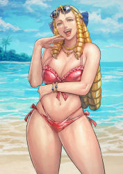Rule 34 | 1girl, absurdres, arm across waist, beach, bikini, blonde hair, bracelet, breasts, cirenk, cleavage, drill hair, drill sidelocks, eyewear on head, hand on own hip, highres, jewelry, kanzuki karin, laughing, navel, necklace, ojou-sama pose, open mouth, red bikini, sidelocks, smile, solo, stomach, street fighter, street fighter zero (series), sunglasses, swimsuit, thighs