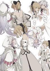 Rule 34 | 1boy, 1girl, absurdres, ahoge, artoria pendragon (all), artoria pendragon (fate), bare shoulders, black bow, blonde hair, blush, bow, breasts, cleavage, closed mouth, collar, commentary request, detached sleeves, dress, eye contact, fate/grand order, fate (series), from behind, from side, gloves, green eyes, grey hair, hair between eyes, hair bow, hair ornament, hetero, highres, holding hands, hood, hood up, long hair, looking at another, merlin (fate), open mouth, ponytail, purple eyes, saber lily, sidelocks, simple background, smile, standing, surprised, translation request, upside-down, white background, white dress, white gloves, zhibuji loom