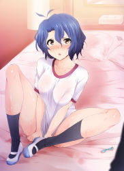 Rule 34 | 10s, 1girl, aftersex, antenna hair, bed, black socks, blue hair, blush, bottomless, breasts, brown eyes, chestnut mouth, condom, condom wrapper, covering privates, covering crotch, gym uniform, hair between eyes, highres, idolmaster, idolmaster million live!, kaiga, kneehighs, looking up, medium breasts, nose blush, on bed, open mouth, see-through, shirt, shirt tug, shoes, short hair, sitting, socks, solo, solo focus, stained sheets, tissue box, toyokawa fuka, used condom, uwabaki, wavy hair, wet, wet clothes, wet shirt