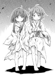 Rule 34 | 2girls, aged down, ahoge, alternate costume, bag, barefoot, blood, bloody knife, blunt bangs, bruise, cuts, dirty, dirty clothes, dirty face, gradient background, greyscale, holding, holding bag, holding knife, injury, knife, long sleeves, looking at viewer, monochrome, multiple girls, nishida satono, no headwear, pote (ptkan), rags, shadow, short hair with long locks, sidelocks, slit pupils, smirk, swept bangs, teireida mai, torn clothes, touhou