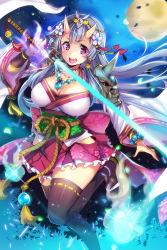 Rule 34 | 1girl, :d, absurdres, bead bracelet, bead necklace, beads, black thighhighs, blue fire, blush, bracelet, breasts, chain chronicle, character request, cleavage, collarbone, commentary request, fingernails, fire, floating hair, floral print, flower, frills, full moon, glint, glowing, green sash, hair flower, hair ornament, hair tubes, highres, hip vent, holding, holding sword, holding weapon, hoony, horns, japanese clothes, jewelry, katana, kimono, large breasts, long fingernails, long hair, looking at viewer, magatama, moon, necklace, night, obi, official art, oni, open mouth, petals, pink eyes, prayer beads, print sash, ribbon-trimmed legwear, ribbon-trimmed sleeves, ribbon trim, sash, skin-covered horns, skirt, sky, smile, solo, sword, thighhighs, very long hair, weapon, wide sleeves, zettai ryouiki