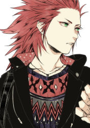 Rule 34 | 1boy, axel (kingdom hearts), black jacket, green eyes, highres, jacket, jewelry, kingdom hearts, kingdom hearts ii, medium hair, necklace, red hair, solo, souryu513 (sousuke), spiked hair, square enix, sweater, white background