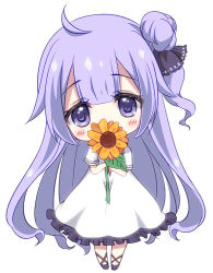 Rule 34 | 1girl, ahoge, azur lane, black footwear, black ribbon, blush stickers, chibi, commentary request, covered mouth, dress, flower, flower over mouth, frilled dress, frills, hair between eyes, hair bun, hair ribbon, holding, holding flower, looking at viewer, one side up, orange flower, purple eyes, purple hair, ribbon, shoes, short sleeves, side bun, simple background, single hair bun, single side bun, solo, sukireto, sunflower, unicorn (azur lane), white background, white dress