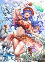 Rule 34 | 1girl, beach, bikini, blue eyes, blue hair, blue sky, cloud, company name, copyright name, female focus, fire emblem, fire emblem: the binding blade, fire emblem cipher, fire emblem heroes, horse, lilina (fire emblem), lilina (summer) (fire emblem), long hair, matching hair/eyes, navel, nintendo, official art, open mouth, palm tree, sencha (senchat), sky, solo, stomach, swimsuit, thighs, tree, water