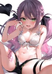 Rule 34 | 1girl, absurdres, bare shoulders, black shorts, bra, breasts, cleavage, collarbone, fang, green eyes, hair between eyes, highleg, highleg panties, highres, hololive, medium breasts, navel, open mouth, panties, parsley-f, purple hair, short shorts, shorts, sitting, skin fang, solo, stomach, sweat, sweatdrop, nervous sweating, tagme, tail, tattoo, tokoyami towa, twintails, underwear, virtual youtuber, wet, white bra, white panties