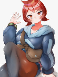 Rule 34 | 1girl, ahoge, arezu (pokemon), arm support, blush, breasts, closed mouth, commentary request, creatures (company), diamond clan outfit, fanny pack, game freak, gradient clothes, hand up, head tilt, highres, knee up, long sleeves, looking at viewer, medium breasts, nagyiiie, nintendo, pantyhose, pokemon, pokemon legends: arceus, red eyes, red hair, shiny clothes, short hair, simple background, sitting, smile, solo