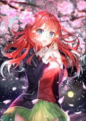 Rule 34 | 1girl, absurdres, ahoge, blue eyes, blue jacket, blurry, blush, breasts, cherry blossoms, collared shirt, cowboy shot, depth of field, fingers together, floating hair, go-toubun no hanayome, hair between eyes, hair ornament, highres, huge filesize, jacket, large breasts, long hair, looking at viewer, nakano itsuki, open clothes, open jacket, open mouth, petals, pleated skirt, red hair, red sweater, shirt, skirt, smile, solo, star (symbol), star hair ornament, sweater, toratora (nanahaba), white shirt, wind