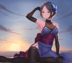Rule 34 | 1girl, armpits, bare shoulders, black hair, black thighhighs, boots, breasts, cleavage, cloud, cloudy sky, commentary request, elbow gloves, garter straps, gloves, hair ornament, hayami kanade, idolmaster, idolmaster cinderella girls, japanese clothes, medium breasts, outdoors, parted bangs, short hair, shougun (chuckni1), sitting, sky, solo, sun, thigh boots, thighhighs, twilight, yellow eyes