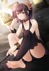 Rule 34 | 1girl, absurdres, barefoot, baton (weapon), belt, black choker, black hair, bracelet, braid, choker, commission, couch, feet, flower, hair flower, hair ornament, highres, jewelry, kyuupura, looking at viewer, mole, mole under eye, nail polish, on couch, purple eyes, purple hair, red nails, revealing clothes, sideless outfit, sitting, skeb commission, smile, solo, symonne (tales), tales of (series), tales of zestiria, thighhighs, twintails, weapon