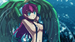 Rule 34 | 1girl, armpits, arms up, blue eyes, breasts, cleavage, duel monster, harpie lady, harpie lady 1, harpy, kihato, long hair, monster girl, red hair, slingshot swimsuit, solo, swimsuit, winged arms, wings, yu-gi-oh!, yu-gi-oh! duel monsters