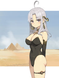 Rule 34 | 1girl, absurdres, ahoge, arm behind back, arm warmers, ass, bare shoulders, black leotard, breasts, cleavage, collar, covered navel, cowboy shot, desert, earrings, hair ornament, highleg, highleg leotard, highres, jewelry, large breasts, leotard, long hair, looking at viewer, no bra, original, outside border, parted bangs, purple eyes, pyramid (structure), romana, silver hair, skindentation, solo, standing, strapless, strapless leotard, thighlet, thighs