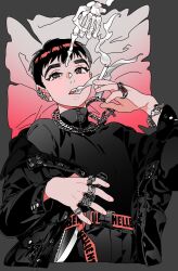 Rule 34 | 1boy, belt, black hair, bloodypepper, bracelet, chain necklace, cigarette, ear piercing, grey eyes, highres, holding, holding cigarette, jacket, jacket partially removed, jewelry, knife, looking up, male focus, necklace, o-ring, open mouth, original, piercing, ring, short hair, skeletal arm, skeletal hand, smoking, solo focus, thick eyebrows, turtleneck, zipper