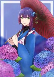 Rule 34 | 1girl, assault lily, blue background, blue flower, blue kimono, blurry, blurry background, blurry foreground, braid, butterfly hair ornament, closed mouth, commentary, floral background, floral print, flower, from side, funada kiito, green eyes, hair bun, hair ornament, hands up, holding, holding umbrella, hydrangea, japanese clothes, kimono, long hair, long sleeves, looking at viewer, looking to the side, nigari (ngari 0115), official alternate costume, official alternate hairstyle, oil-paper umbrella, pink flower, print kimono, purple flower, purple hair, rain, side braid, single braid, single hair bun, smile, solo, standing, umbrella, wide sleeves