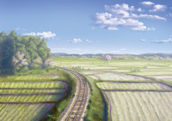 Rule 34 | cloud, commentary request, day, farm, forest, geshi, grass, highres, hill, landscape, mountain, nature, original, plant, railroad crossing, railroad tracks, rice paddy, rural, scenery, sky, tree