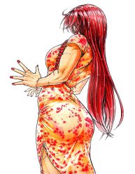 Rule 34 | 1girl, arched back, braid, china dress, chinese clothes, dress, hong meiling, koyubi (littlefinger1988), long hair, muscular, muscular female, nail polish, red hair, red nails, scar, short sleeves, side slit, simple background, solo, standing, touhou, very long hair, white background
