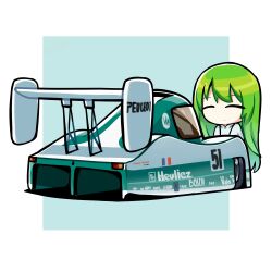 Rule 34 | 1girl, ^ ^, absurdres, border, car, closed eyes, commentary, duz, english commentary, enkidu (fate), fate (series), french flag, green background, green hair, highres, hood, hood down, hoodie, le mans prototype, long hair, motor vehicle, peugeot, race vehicle, racecar, spoiler (automobile), vehicle focus, very long hair, white border, white hoodie, world sportscar championship