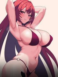Rule 34 | 1girl, absurdres, arched back, armpits, arms up, bikini, blush, breasts, commission, gradient background, grin, hair between eyes, heart, heart sticker, highres, large breasts, long hair, looking at viewer, navel, neinlol, o-ring, o-ring bikini, original, purple bikini, red eyes, red hair, sideboob, simple background, skindentation, smile, solo, steam, stomach, swimsuit, underboob, very long hair