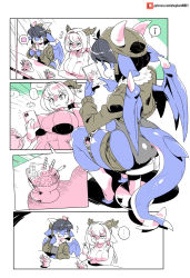 Rule 34 | ..., 2girls, animal ears, aviator cap, bomber jacket, breasts, dragon ears, dragon girl, dragon horns, dragon tail, dragon wings, flat chest, food, furry, furry female, goggles around one leg, highres, horns, ice cream, inconvenient breasts, instagram logo, jacket, judge, large breasts, leotard, leotard under clothes, levia (modern mogal), monster girl, multiple girls, musical note, original, pointy ears, ptera (modern mogal), scales, shepherd0821, short shorts, shorts, sleeveless, sleeveless turtleneck, spoken ellipsis, spoken musical note, tail, turtleneck, weighing scale, wings