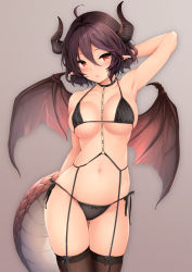 Rule 34 | 1girl, ahoge, arm behind back, arm behind head, arm up, armpits, bare arms, bare shoulders, bikini, black bikini, black thighhighs, blush, breasts, chain, choker, collarbone, commentary request, dragon horns, dragon tail, dragon wings, garter belt, gluteal fold, grea (shingeki no bahamut), hair between eyes, halterneck, harino646, highleg, highleg bikini, highres, horns, large breasts, legs together, looking at viewer, medium breasts, micro bikini, navel, o-ring, parted lips, pointy ears, purple hair, red eyes, shingeki no bahamut, short hair, side-tie bikini bottom, simple background, skindentation, solo, standing, stomach, strap gap, string bikini, swimsuit, tail, thigh gap, thighhighs, wings