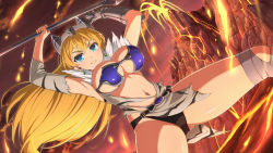 Rule 34 | 1girl, animal print, armor, arms up, belt, bikini armor, black panties, blonde hair, blue eyes, breasts, buckle, captain of the royal guard elina, cleavage, crotch, detached sleeves, earrings, elbow gloves, elina (captain of the royal guard), elina (queen&#039;s blade), elina (queen's blade), eruption, fire, fur, gauntlets, gloves, gluteal fold, hairband, jewelry, large breasts, long hair, lava, navel, official art, outdoors, panties, queen&#039;s blade, senran kagura, senran kagura new link, smile, solo, tiger print, underwear, volcano, weapon, yaegashi nan