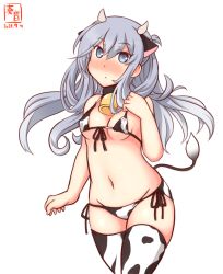 Rule 34 | alternate costume, animal ears, animal print, artist logo, bell, bikini, blue eyes, blue hair, breasts, commentary request, cow ears, cow girl, cow horns, cow print, cow tail, cowbell, cowboy shot, dated, front-tie bikini top, front-tie top, horns, i-203 (kancolle), kanon (kurogane knights), kantai collection, light blue hair, long hair, looking at viewer, medium breasts, navel, neck bell, one-hour drawing challenge, print thighhighs, side-tie bikini bottom, simple background, solo, swimsuit, tail, thighhighs, white background