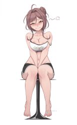 Rule 34 | 1girl, absurdres, areola slip, bar stool, between legs, blush, breasts, brown hair, cleavage, crop top, dolphin shorts, green eyes, hand between legs, highres, indie virtual youtuber, looking at viewer, medium breasts, miori celesta, myth1carts, no shoes, shorts, simple background, sitting, smile, solo, squeans, stool, virtual youtuber, watermark