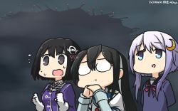 Rule 34 | 3girls, black eyes, black hair, black serafuku, blue eyes, blue sailor collar, blue serafuku, blue shirt, commentary, crescent, crescent hair ornament, dated, flying sweatdrops, gendou pose, glasses, gloves, haguro (kancolle), hair between eyes, hair ornament, hamu koutarou, hands clasped, highres, jacket, kantai collection, long hair, long sleeves, multiple girls, ooyodo (kancolle), open mouth, own hands clasped, own hands together, purple hair, purple jacket, remodel (kantai collection), sailor collar, school uniform, serafuku, shirt, short hair with long locks, white gloves, yayoi (kancolle)