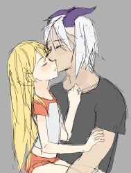 Rule 34 | 1boy, 1girl, absurdres, age difference, blonde hair, child, couple, closed eyes, from side, grey background, hetero, highres, horns, kiss, long hair, older man and younger girl, original, pettankon, simple background, sitting, sitting on lap, sitting on person, sketch