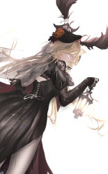 Rule 34 | 1girl, absurdres, antlers, arknights, backless dress, backless outfit, black dress, black gloves, blonde hair, closed mouth, colored eyelashes, commentary request, dress, dutch angle, fang, fang out, floating hair, flower, gloves, grey eyes, hair ornament, hair over one eye, hand up, highres, holding, holding lantern, horns, lantern, long hair, looking at viewer, looking back, mebe (teadia violet), orange flower, simple background, solo, standing, veil, very long hair, viviana (arknights), white background, x hair ornament