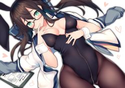 Rule 34 | 1girl, alternate costume, animal ears, black hair, black leotard, black pantyhose, breasts, cisyo, clipboard, cowboy shot, fake animal ears, finger to mouth, from above, green eyes, kantai collection, leotard, leotard under clothes, long hair, looking at viewer, lying, medium breasts, ooyodo (kancolle), open clothes, pantyhose, playboy bunny, rabbit ears, semi-rimless eyewear, solo, strapless, strapless leotard, under-rim eyewear, wrist cuffs