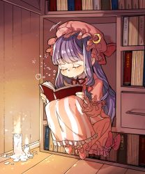 Rule 34 | bad id, bad pixiv id, book, bookshelf, bow, candle, currypang, dark, dress, closed eyes, hat, hat bow, highres, long hair, mob cap, moon (ornament), patchouli knowledge, pink dress, purple hair, sitting, sleeping, sleeping upright, solo, touhou, very long hair