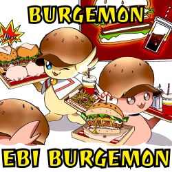 Rule 34 | blue eyes, burgamon, burger, digimon, ebiburgamon, hat, highres, one eye closed, wink