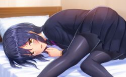 Rule 34 | 1girl, :d, ass, bad id, bad pixiv id, bed, black hair, black jacket, black pantyhose, black skirt, blazer, blurry, blurry background, blush, bow, bowtie, brown eyes, commentary request, depth of field, hair between eyes, indoors, jacket, long sleeves, looking at viewer, looking back, mikomiko (mikomikosu), nijisanji, open mouth, pantyhose, pillow, pleated skirt, purple bow, purple bowtie, school uniform, shizuka rin, skirt, smile, solo, virtual youtuber