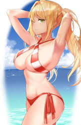 Rule 34 | 1girl, ahoge, armpits, arms behind head, bare shoulders, beach, bikini, blonde hair, blue sky, blush, breasts, cleavage, closed mouth, cloud, collarbone, commentary, cowboy shot, criss-cross halter, day, fate/grand order, fate (series), green eyes, hair between eyes, hair intakes, halterneck, highres, hyury, large breasts, long hair, navel, nero claudius (fate), nero claudius (fate) (all), nero claudius (swimsuit caster) (fate), ocean, photoshop (medium), red bikini, side-tie bikini bottom, sky, smile, striped bikini, striped clothes, swimsuit, thighs, twintails