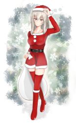 Rule 34 | 1girl, adjusting clothes, adjusting headwear, belt, black belt, blue eyes, blush, boots, christmas, closed mouth, commentary, depayama (depaty), dress, frown, full body, fur-trimmed dress, fur trim, girls und panzer, grey hair, hat, highres, holding, holding sack, itsumi erika, long sleeves, looking at viewer, medium hair, red footwear, red hat, red thighhighs, sack, santa boots, santa dress, santa hat, short dress, snowflakes, solo, standing, thighhighs, zettai ryouiki