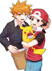 Rule 34 | 2boys, :d, black jacket, blue oak, brown eyes, brown hair, collared shirt, commentary request, creatures (company), game freak, gen 1 pokemon, hand up, hat, highres, holding, holding pokemon, jacket, male focus, mochi (mocchi p 2m), multiple boys, nintendo, open mouth, pants, pikachu, poke ball, poke ball (basic), pokemon, pokemon (creature), pokemon hgss, red (pokemon), red headwear, shirt, short hair, short sleeves, smile, spiked hair, t-shirt, teeth, upper teeth only, vest, white background, white shirt