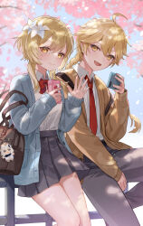 Rule 34 | 1boy, 1girl, :d, aether (genshin impact), blonde hair, blue cardigan, braid, braided ponytail, brother and sister, brown cardigan, cardigan, cherry blossoms, collared shirt, commentary, contemporary, falling petals, flower, genshin impact, grey pants, grey skirt, hair flower, hair ornament, highres, holding, holding phone, long hair, looking at viewer, lumine (genshin impact), necktie, nima (niru54), open mouth, outdoors, pants, petals, phone, pleated skirt, red necktie, school uniform, shirt, shirt tucked in, short hair with long locks, siblings, skirt, smile, symbol-only commentary, tree, waving, white flower, white shirt, yellow eyes