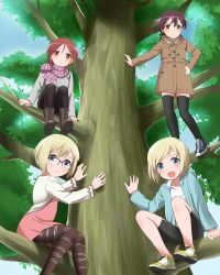 Rule 34 | 4girls, aged down, bike shorts, black legwear, bob cut, boots, brown-framed eyewear, brown hair, child, cross-laced footwear, erica hartmann, gertrud barkhorn, glasses, hair ribbon, highres, in tree, kaneko (novram58), lace-up boots, long hair, minna-dietlinde wilcke, multiple girls, no socks, orange eyes, pantyhose, red hair, ribbon, short hair, siblings, sisters, sitting, sitting in tree, smile, strike witches, strike witches: suomus misfits squadron, thighhighs, tree, twins, twintails, ursula hartmann, world witches series