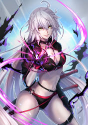 Rule 34 | ahoge, bikini, black bikini, black choker, black gloves, black jacket, breasts, choker, cleavage, commentary, cropped jacket, fate/grand order, fate (series), fire, gloves, grey hair, highres, jacket, jeanne d&#039;arc alter (swimsuit berserker) (fate), jeanne d&#039;arc (fate), jeanne d&#039;arc alter (fate), jeanne d&#039;arc alter (swimsuit berserker) (fate), katana, large breasts, long hair, navel, o-ring, o-ring bikini, o-ring bottom, o-ring top, purple fire, re (re 09), revision, shrug (clothing), solo, swimsuit, sword, thigh strap, weapon, yellow eyes